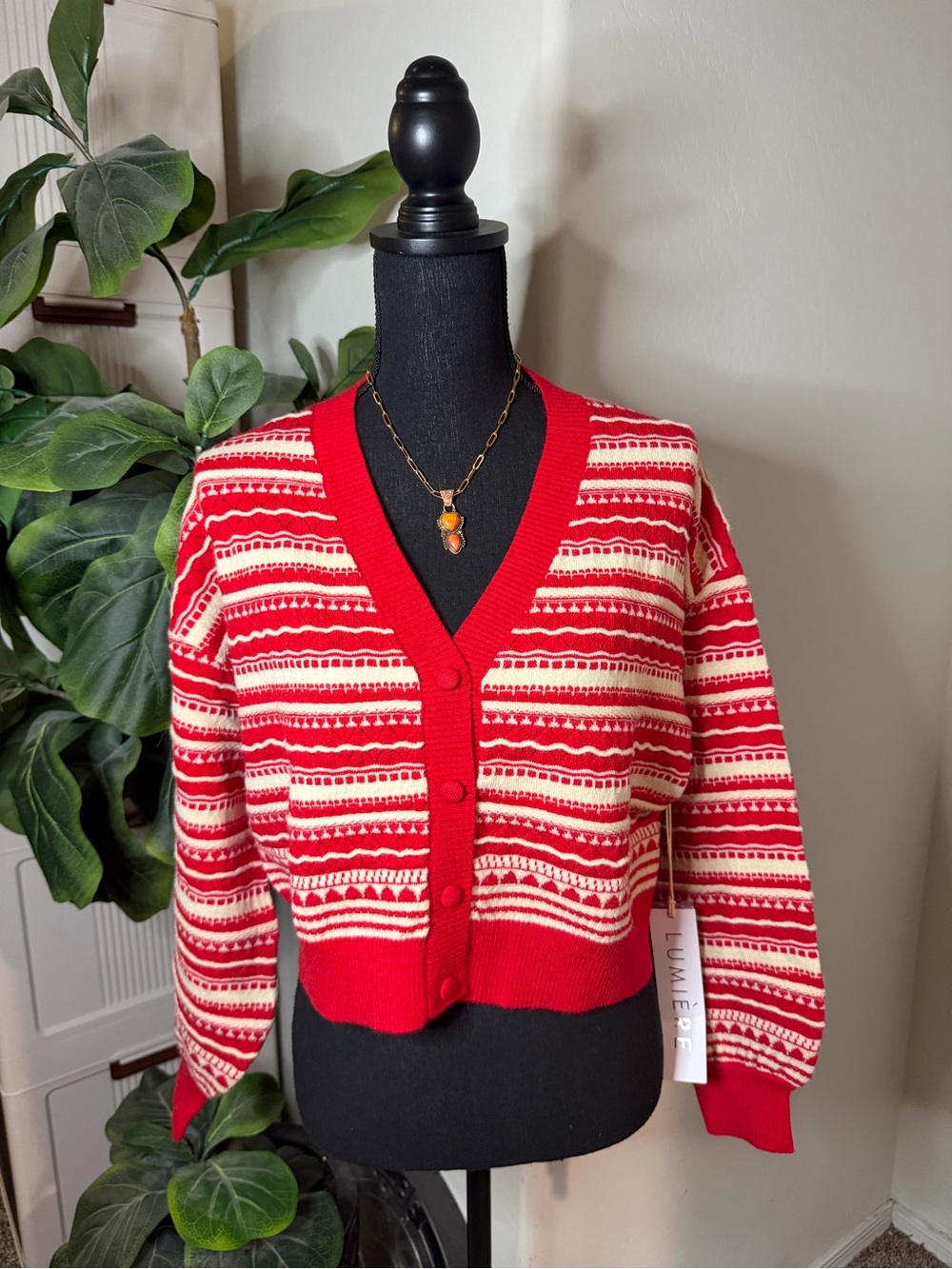 Lumiere Red and Cream Striped Button-Front V-Neck Cardigan